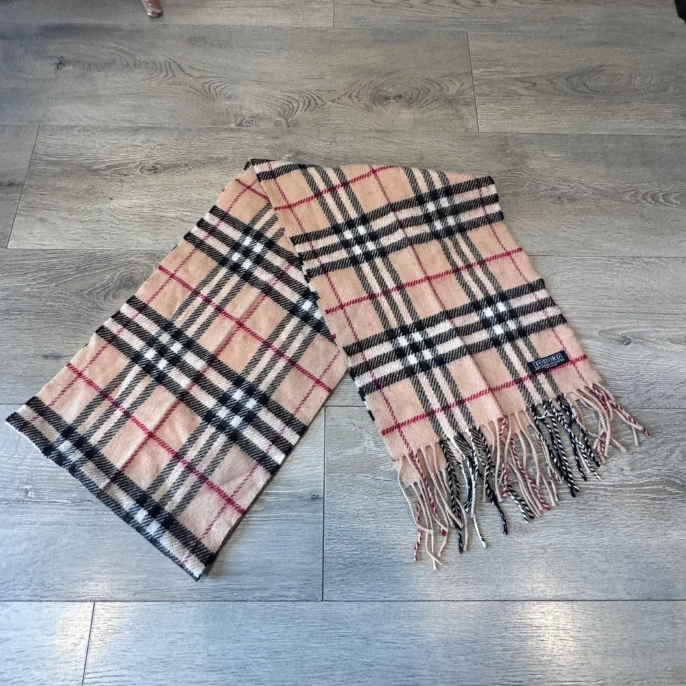 Foxford Ireland 100% Lambswool Plaid Scarf Tan Black Red Fringed Made in Ireland